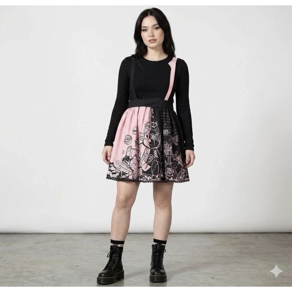 Steampunk Anime Suspender skirt Womens Large Black Pink Bear Goth Grunge New